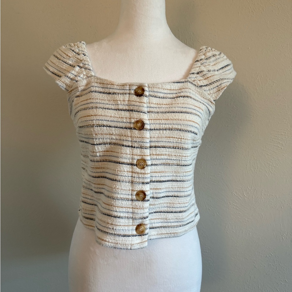 Rewind Cream Cap Sleeve Crop Top with Ruched Button Down